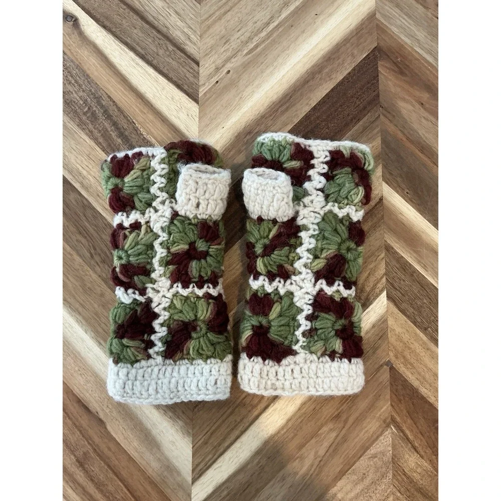 Crochet‎ Fingerless Gloves Mittens Granny Square Made In Nepal Cozy Green Brown